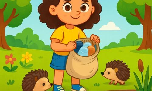 Una ragazza di 8 anni, Marta, con capelli castani e ricci, un sorriso triste e occhi pieni di determinazione, si trova sul bordo di un piccolo stagno. Indossa una maglietta gialla brillante e un pantaloncino di jeans, tenendo una borsa di tela piena di rifiuti che ha appena raccolto. Accanto a lei, un piccolo riccio, con il dorso coperto di aculei, guarda con curiosità, sembrando esitante a attraversare l'acqua. Il luogo è un parco verdeggiante, pieno di alberi maestosi con foglie brillanti, fiori colorati e un cielo blu chiaro punteggiato di nuvole bianche e soffici. Lo stagno è circondato da canneti e piccoli ciottoli, ma è inquinato da rifiuti di plastica che galleggiano in superficie. Marta, con uno sguardo determinato, si prepara a pulire lo stagno per aiutare gli animali e restituire al parco la sua bellezza naturale.