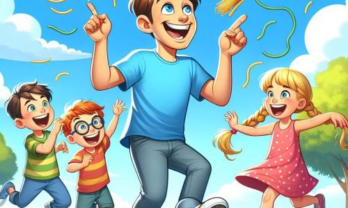 A man named Max, with messy brown hair and a big smile, stands in the center of the image surrounded by colorful spaghetti flying around him. He wears a blue t-shirt and yellow pants, looking joyful and a bit surprised, as if he just realized he did something funny. To his left, a girl named Lucy, about 8 years old with braided blonde hair and a pink polka-dot dress, is laughing out loud while pointing at the floating spaghetti. To his right, a boy named Ben, also 8 years old with round glasses and brown hair, is trying to jump to catch a flying spaghetti, his face expressing excitement. The setting is a sunny park with lush green trees, a clear blue sky dotted with fluffy white clouds, and a large grassy area where children are playing and laughing. The main scene shows Max, the comedic superhero, making colorful spaghetti fly through the air, causing laughter and joy among his friends, while bubbles of laughter float around them, creating a festive and fun atmosphere.