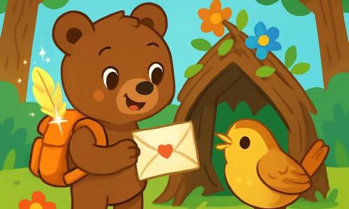 A little bear named Milla, with soft brown fur, stands at the center of the scene, her eyes shining with joy and curiosity. She wears a small backpack, from which a glowing feather peeks out, sparkling like a star. Next to her, a small golden-feathered wren watches her with a warm smile, its wings slightly spread as if ready to take flight. The setting is a sunny clearing surrounded by tall trees with sturdy trunks and vibrant green leaves, where colorful flowers dance in the breeze. The ground is covered with soft moss and small shiny stones. Milla and the wren stand in front of a small twig house adorned with wildflowers, where Milla is about to read a thank-you letter, her heart overflowing with gratitude and friendship.