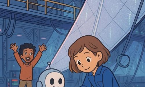 Mira is a focused, smiling girl engineer of about 10 with short light brown hair in a blue jumpsuit, crouching to repair a cracked sensor on a huge solar sail with a tiny shiny tool; Omi is a small round silver companion robot, cheerful and floating beside her with a soft light pointing at the sensor; Jax is an enthusiastic 11-year-old boy with curly black hair, standing left a few steps behind Mira with arms raised to encourage; the Captain is a kind-faced woman of about 40 in a gray uniform with a star-shaped badge, watching from an elevated walkway; the scene is a vast, well-lit sailyard bay with giant metal frames, shimmering silver sails, cables and colorful consoles, and a smooth bluish-reflective floor; main focus on Mira's delicate hands, the cracked sensor and the robot's light, while sails unfold and glow under soft neon in the background.