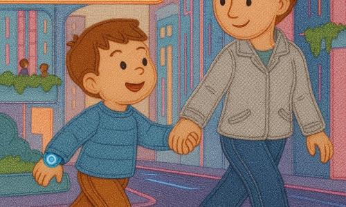 Un niño de 4 años, sonriente y curioso, pelo castaño corto, lleva una pequeña pulsera inteligente azul luminosa y camina de perfil sujetando la mano de su madre; ella, adulta de unos 30 años, con el pelo castaño claro recogido en un moño y una chaqueta plateada ligera, sonríe y lo guía desde su izquierda. de fondo pasa un tren flotante plateado sobre una vía elevada luminosa y diminutos transeúntes observan desde una terraza-jardín; la escena ocurre en una calle lisa y brillante de una ciudad futurista con altos edificios de fachadas de vidrio de colores, neones suaves azul y rosa, líneas de luz en el suelo y jardines colgantes. situación principal: el niño explora con confianza tirando ligeramente de la mano de su madre hacia una pequeña misión indicada por la pulsera que emite un punto de luz azul, con una atmósfera cálida y colores vivos.
