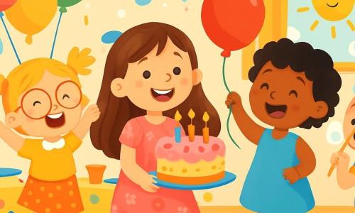 Há 4 crianças: Ana, uma menina de 6 anos com cabelos longos e castanhos e olhos brilhantes, vestindo um vestido rosa com flores, sorrindo alegremente enquanto segura um grande bolo de aniversário; Bia, uma menina de 5 anos com cabelos loiros em tranças e óculos redondos, vestindo uma camiseta amarela e uma saia de bolinhas, pulando de alegria ao lado de Ana; Lu, uma menina de 6 anos com cabelos negros e cacheados, usando um vestido azul, segurando um balão vermelho e rindo ao olhar para Ana e Bia; Cami, uma menina de 5 anos com cabelos castanhos e uma pequena trança, vestindo uma camiseta verde e um short de flores, soprando bolhas de sabão ao lado das outras. O cenário é uma sala de festa colorida, decorada com balões e guirlandas brilhantes, com uma grande mesa coberta por uma toalha alegre, um enorme bolo de aniversário no centro, cercado por pratos e copos. A cena mostra Ana e suas amigas celebrando seu aniversário, cercadas de risos e alegria, cantando 