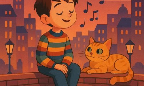 Tomás, um menino de 8 anos com cabelos castanhos desgrenhados e olhos curiosos, está sentado em um viaduto, cantando suavemente. Ele veste um suéter listrado colorido e calças jeans, com um sorriso sonhador no rosto. Ao seu lado, um gato de pelagem cor de mel, chamado Âmbar, está deitado, ronronando harmoniosamente. O gato tem olhos verdes brilhantes e uma postura relaxada. Ao fundo, a cidade se estende com seus edifícios de janelas iluminadas e postes de luz art déco iluminando as ruas de paralelepípedos. A cena acontece ao crepúsculo, com um céu tingido de tons rosa e violeta. Tomás e Âmbar estão envolvidos em uma atmosfera acolhedora e mágica, onde as notas musicais parecem flutuar no ar, trazendo uma sensação de calma e encantamento.