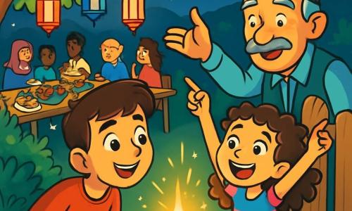 Ein 12-jähriger Junge, Ali, mit braunen Haaren und funkelnden Augen, schaut fasziniert auf ein geheimnisvolles goldenes Licht, das im Garten strahlt. Sein Gesicht zeigt Neugier und Aufregung, mit einem leichten Lächeln auf den Lippen. Neben ihm springt seine 8-jährige Schwester Aylin, mit lockigem Haar und einem bunten Kleid, vor Freude in die Luft und zeigt auf das Licht. Ihr Nachbar, Herr Yilmaz, ein älterer Mann mit grauem Schnurrbart und traditionellem Hut, steht am Zaun, lächelt und gestikuliert, um die Aufmerksamkeit der Kinder zu erregen. Die Szene spielt in einem warmen Garten, beleuchtet von bunten Laternen, wo Nachbarn sich um einen großen Holztisch versammeln, der mit traditionellen Ramadan-Gerichten dekoriert ist. Die Nacht ist sternenklar, und die Luft ist erfüllt vom köstlichen Duft der zubereiteten Speisen. Im Mittelpunkt der Illustration beobachten Ali und Aylin fasziniert das geheimnisvoll funkelnde goldene Licht, während die anderen Nachbarn neugierig näherkommen und eine Atmosphäre von Magie und kollektiver Freude schaffen.