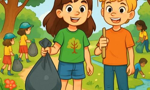 Una ragazza di 12 anni di nome Sofia, con lunghi capelli castani e occhi brillanti di determinazione, si trova al centro della scena, sorridente e piena di energia. Indossa una maglietta verde con un motivo ad albero e pantaloni corti di jeans, tenendo un sacco della spazzatura pieno di rifiuti che ha appena raccolto. Accanto a lei, il suo amico Marco, un ragazzo di 12 anni con capelli biondi disordinati e un sorriso incoraggiante, tiene un cartello di cartone su cui è scritto "Proteggiamo la nostra natura!". Il luogo è una splendida riserva naturale, con alberi maestosi dalle foglie verdi brillanti, un sentiero tortuoso bordato di fiori colorati e un ruscello scintillante che scorre pacificamente sullo sfondo. La scena principale mostra Sofia e Marco, circondati da altri bambini e adulti, intenti a raccogliere rifiuti per pulire la riserva, tutti sorridenti e impegnati in questa bella missione ecologica.
