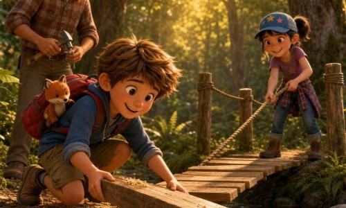 An 8-year-old boy, Eli, round-faced with messy light brown hair and bright brown eyes, kneels at the edge of a shallow stream placing a heavy wooden plank with sawdust as a bridge; an 8-year-old girl, Maya, with a black ponytail, a cap with star stickers and a mischievous smile, steadies the plank from the other bank holding a knotted rope; a neighbor, Mr. Singh, about 50, brown-skinned with salt-and-pepper hair and a plaid shirt, stands back with a small hammer and nails, kindly ready to help; a small worn red-furred fox plush, Mr. Whisk, sits on Eli’s red backpack watching like a faithful companion; the setting is a shallow stream with smooth stones, clear sparkling water, mossy banks and ferns in an oak-lined glade with golden sun rays dappling the ground; the children are building a rustic footbridge—planks on stone piers, ropes as handrail, wood chips on the ground, focused and collaborative, warm adventurous late-afternoon atmosphere.