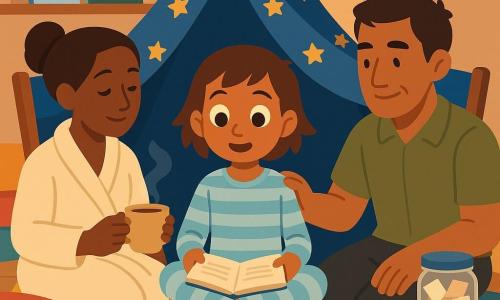An 8-year-old girl, smiling and confident, short brown hair with a rebellious lock, big curious eyes, wearing light-blue striped pajamas, sits at the center of a small blanket fort holding a thin book; a woman (mother, ~35) with chestnut hair in a loose bun, gentle affectionate expression, in a cream robe sits left of the fort watching the girl and holding a steaming cup of tea; a man (father, ~38) with short dark-brown hair, a little dirt on his palms, proud tender expression, in an olive-green shirt sits right of the fort with a hand on the girl's shoulder; the small playroom has a light wood floor, stacked colorful cushions, a string of small yellow lights, a star blanket forming a teepee between two chairs, a low shelf with picture books and a jar of cookies on a round table; the family is gathered in the blanket fort reading together at dusk, a glass jar of folded papers sits nearby, warm intimate lighting, soft contrasts, centered reassuring composition.