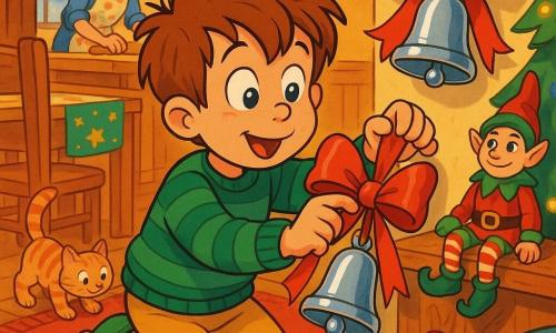 A 6-year-old boy, Leo, round-faced with messy brown hair and big bright eyes, amazed and focused, kneeling on a red rug as he reaches to untie a shiny red bow to retrieve a small silver bell, wearing a green striped sweater and dinosaur slippers; a small Elf on the Shelf toy in red and green sits on a wooden shelf with a mischievous painted face and tilted hat, the bell hung on the wall behind him with a large red bow; the mother, about 30, brown hair tied back and wearing a powdered floral apron, stands at the back by a counter rolling cookie dough and smiling from the left of the table; Muffin the small orange tabby sniffs a fallen ribbon by the sofa with tail up; the living-dining room is decorated for Christmas with a wooden table and star runner, a frosted window with embroidered curtain, a lit tree to the right, garlands and ribbons and warm golden light — the key moment captures Leo untying the bow to free the bell, joyful atmosphere, textured details and bright contrasting colors like a 1990s cartoon.