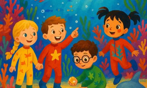 There are four children: Lily, girl, 9, long blonde braided hair and sparkling green eyes, standing left on the sandy path holding Max’s hand and looking in wonder at the coral garden; Max, boy, 9, short brown hair and freckles with a wide smile, slightly center-left, pointing at a colorful fish; Ben, boy, 8, curly brown hair and round glasses with a curious expression, kneeling center-right to pick up a shiny shell; Zoe, girl, 8, black pigtails and a joyful face with a small paint spot on her cheek, on the right, bouncing slightly with a playful dolphin beside her. All wear matching colorful wetsuits with small marine patterns. They follow a glowing sandy path winding through a vivid underwater coral garden of pink, orange and purple coral towers, emerald sea grasses, and schools of multicolored fish forming bright shapes as golden sunlight filters through clear water and delicate bubbles rise; the scene is magical, joyful and painterly with visible gouache textures and brushstrokes.