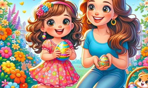 Uma menina de 4 anos, Lúcia, com grandes olhos brilhantes e cabelos cacheados castanhos, sorri alegremente enquanto segura um ovo de Páscoa colorido nas mãos. Ela usa um vestido rosa com flores e sandálias amarelas, cercada de chocolates e ovos coloridos. Ao seu lado, sua mãe, uma mulher de cerca de 30 anos, com cabelos longos e lisos, vestindo uma camiseta azul e jeans, sorri orgulhosamente ao olhar para Lúcia, segurando uma cesta cheia de ovos de Páscoa. A cena acontece em um jardim ensolarado, repleto de flores coloridas, como tulipas e narcisos, sob um céu azul claro com algumas nuvens brancas. Lúcia e sua mãe estão em uma caça aos ovos de Páscoa, Lúcia exclamando de alegria ao descobrir um ovo escondido atrás de uma flor, enquanto sua mãe a incentiva com um sorriso caloroso.