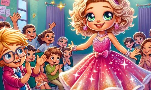 Een 8-jarig meisje met grote, glanzende ogen en krullend haar danst vrolijk op een houten podium, met een stralende glimlach en een zelfverzekerde uitdrukking. Ze draagt een mooie roze glitterjurk die schittert onder de lichten. Naast haar moedigt een 8-jarige jongen met blond haar en een bril haar aan met een grote glimlach, terwijl hij zijn armen in de lucht steekt als teken van applaus. Op de achtergrond zitten kinderen en ouders op stoelen, met hun ogen op het podium gericht, sommigen applaudisserend en anderen glimlachend van bewondering. De locatie is een gymzaal versierd met kleurrijke slingers, met zwevende ballonnen en ondersteunende posters aan de muren. De hoofdscène toont het meisje dat, na een kleine val, met humor weer opstaat en blijft dansen, waardoor ze haar val omtovert tot een grappig moment, wat het publiek laat lachen en applaudisseren.