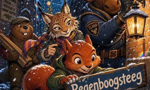 Pip, een jonge antropomorfe eekhoorn met glanzend roodbruine vacht en levendige ogen, glimlachend en geconcentreerd, hurkt met vers geschilderd bord "Regenboogsteeg" en natte verf op zijn pootjes; Lila, een jonge lynx met fijne vlekken en speelse blik, staat achter hem bemoedigend met een gestreepte sjaal in de wind; Dorpswachter Eland, een grote zachte en beschermende eland, hangt rechts een oude ijzeren lantaarn op die warme amberkleurige gloed werpt; Tim de bever, gedrongen en vriendelijk, houdt houtplanken vast op de achtergrond links en draagt een doe-het-zelfmuts. Plaats: smalle, met kasseien verharde steeg met besneeuwde baksteenmuren, fonkelende ijspegels en dikke vallende sneeuwvlokken; situatie: kerstavond, bord wordt onder de verlichte lantaarn bevestigd waardoor de donkere steeg een uitnodigend pad wordt; sfeer: warm, vrolijk en geruststellend met contrasterende kleuren (amberlicht tegen koud blauw), dynamische compositie en grafische stijl met strakke lijnen, verzadigde kleuren en zichtbare sneeuwtextuur.