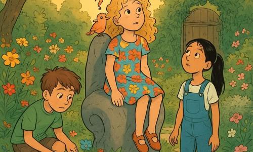 Drei Kinder befinden sich in einem geheimen, verzauberten Garten hinter einem alten Apfelbaum. Lina, ein zehnjähriges Mädchen mit blonden Locken und einem bunten Blumenkleid, sitzt auf einem großen, ohrförmigen Felsen in der Mitte des Bildes. Jonas, ein zehnjähriger Junge mit braunem, zerzaustem Haar und einem grünen T-Shirt, hockt links von Lina und beobachtet aufmerksam die Blumen um ihn herum. Amira, ein zehnjähriges Mädchen mit glattem, schwarzem Haar in einem Pferdeschwanz und einem blauen Overall, steht rechts von Lina und schaut in den Himmel. Der Garten ist voller bunter Blumen, die Geheimnisse zu flüstern scheinen. Ein Steinpfad windet sich zwischen den Blumenbeeten, gesäumt von silbernen Büschen. Im Hintergrund führt ein mit Efeu bedecktes Holztor ins Unbekannte. Die Kinder entdecken diesen magischen Garten, der in goldenes Nachmittagslicht getaucht ist und eine mystische, einladende Atmosphäre schafft. Ein kleiner Vogel mit einer federförmigen Fragezeichen sitzt auf Linas Schulter und verleiht der Szene eine neugierige und magische Note.