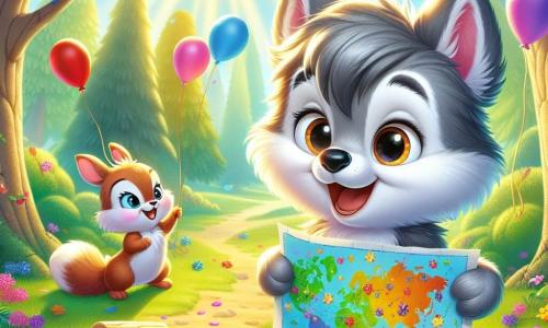 Lupi, un pequeño lobo de pelaje gris suave y ojos brillantes de alegría, está en el centro de la imagen, sonriendo con entusiasmo mientras sostiene un gran cartel colorido que ha dibujado para su mamá. Su expresión está llena de amor y emoción, mientras se encuentra en un claro soleado. A su lado, Chispa, una pequeña ardilla de pelaje rojizo y ojos chispeantes, cuelga flores coloridas de las ramas de los árboles, mostrando una gran sonrisa de satisfacción. Un poco más lejos, Saltarín, un conejito de grandes orejas y pelaje blanco, salta alegremente sosteniendo globos multicolores, su rostro radiante de emoción. El lugar es un claro verde, rodeado de majestuosos árboles con hojas brillantes, y flores silvestres de todos los colores que bailan en la suave brisa. El sol brilla a través de las ramas, creando sombras suaves en el suelo. La situación principal muestra a Lupi y sus amigos preparando una sorpresa para el Día de la Madre, rodeados de decoraciones coloridas, con una atmósfera festiva y alegre, llena de anticipación y amor.