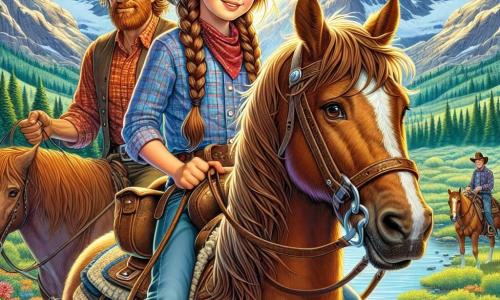Op de voorgrond staat een jonge cowgirl genaamd Jesse, ongeveer 12 jaar oud, trots op haar rossige paard Rusty. Ze heeft lange, gevlochten, bruine haren, een leren cowboyhoed en een vastberaden glimlach op haar gezicht, die zowel opwinding als moed uitdrukt. In haar hand houdt ze een oude zilveren handgreep vast, terwijl ze in de verte kijkt met nieuwsgierige, sprankelende ogen. Naast haar staat Jack, een man van in de dertig met een rode baard en een brede hoed, die aandachtig de vallei observeert. Hij draagt een geruite blouse en versleten leren laarzen, wat aangeeft dat hij een doorgewinterde avonturier is. De achtergrond toont een majestueuze vallei, omringd door imposante bergen met besneeuwde toppen, terwijl de zonnestralen door de wolken breken. Kleurrijke wilde bloemen bedekken de grond en een glinsterend beekje kronkelt door het landschap, wat een vleugje magie toevoegt aan de omgeving. Jesse en Jack zijn vastbesloten om de mysterieuze vallei te verkennen op zoek naar de legendarische Verloren Stad van Zilver, met een oude kaart voor hen uitgespreid, klaar om ontcijferd te worden en de verborgen geheimen van dit betoverde land te onthullen.