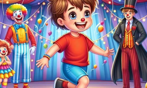 Um menino de 2 anos, com cabelos castanhos bagunçados e olhos brilhantes de alegria, dança entusiasticamente no meio de uma grande tenda de circo colorida, cercado por balões flutuantes. Ele veste uma camiseta vermelha e um short azul, e seu sorriso radiante mostra o quanto está feliz. Ao lado dele, um palhaço alegre, de cerca de 30 anos, com um nariz vermelho e cabelos coloridos, faz caretas para fazer o menino rir. Ele usa um traje listrado e faz malabarismos com bolas coloridas, acrescentando à atmosfera festiva. Um pouco mais longe, um mágico misterioso, de cerca de 40 anos, com uma longa capa preta e um chapéu alto vermelho, observa a cena com um sorriso gentil. Ele segura uma varinha mágica e parece pronto para realizar um truque. A cena acontece dentro de uma grande tenda de circo, decorada com luzes e faixas coloridas, com assentos de madeira e um chão coberto de palha. Luzes cintilantes iluminam o local, criando uma atmosfera mágica. O menino, maravilhado, tenta pegar bolhas coloridas que flutuam ao seu redor, enquanto o palhaço e o mágico o incentivam a se divertir. É um momento de pura alegria e magia, onde a infância e o circo se encontram em um brilho de risos e cores.