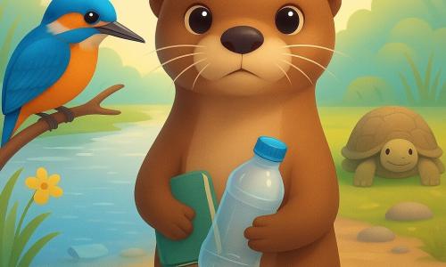 Lila, una joven nutria de bigotes suaves mira con determinación y amabilidad, pelaje marrón brillante, ojos redondos, sostiene una pequeña libreta verde gastada bajo el brazo y recoge una botella de plástico transparente con su pata delantera; a la izquierda, un martín pescador de plumas azul eléctrico se posa en una rama baja, atento e inquieto, inclinando la cabeza hacia Lila; a la derecha, al fondo, una tortuga de caparazón terroso y texturado está sentada, serena y sonriente; la escena ocurre en la orilla de un río al amanecer: agua clara con reflejos plateados, guijarros brillantes, juncos verdes y flores amarillas, con algunos plásticos flotando cerca; luz suave en tonos pastel, composición centrada en la acción de limpieza, gesto preciso y atmósfera de esperanza ecológica y cooperación.