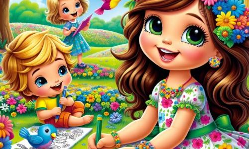 Una bambina di 4 anni, Sofia, con lunghi capelli castani e occhi scintillanti di gioia, indossa un vestito colorato a fiori e una collana di fiori di carta. È seduta sull'erba verde, con un grande sorriso che illumina il suo viso mentre disegna uccelli con pastelli colorati. Accanto a lei, il suo amico Marco, un bambino di 5 anni con capelli biondi e occhiali tondi, sta disegnando un uccello blu su un foglio, ridendo di felicità. Un po' più in là, Lucia, una bambina di 4 anni con capelli ricci e un vestito giallo, tiene una corona di fiori che ha fatto, guardando Sofia con entusiasmo. Il luogo è un parco primaverile, pieno di fiori colorati che danzano sotto la dolce brezza, alberi maestosi con foglie verdi brillanti e un cielo azzurro chiaro punteggiato di nuvole bianche e soffici. La scena principale mostra Sofia e i suoi amici mentre creano disegni di uccelli e fanno corone di fiori, celebrando la bellezza della primavera divertendosi insieme nella natura.