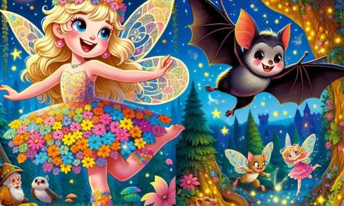 Una piccola fata di nome Luminella, con ali scintillanti e capelli dorati, danza gioiosamente nell'aria, il suo viso radioso di felicità ed eccitazione. Indossa un vestito fatto di petali di fiori colorati che brillano sotto la luce delle stelle. Accanto a lei, un piccolo pipistrello di nome Berto, con pelliccia nera e occhi vivaci, vola in cerchio attorno a Luminella, ridendo e facendo smorfie. La scena si svolge in una radura incantata, illuminata da migliaia di piccole luci scintillanti, circondata da alberi maestosi. Luminella e Berto stanno preparando una festa di risate e magia, mentre amici animali, come girini e un vecchio gufo, si radunano intorno a loro, impazienti di partecipare a questa gioiosa celebrazione.