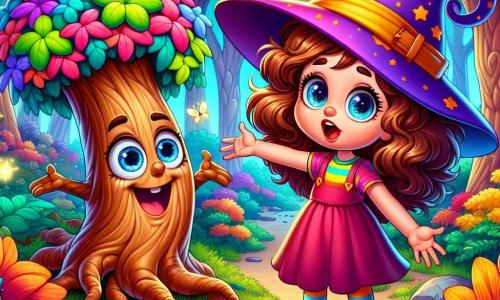 Una bambina di 6 anni, Mimì, con grandi occhi scintillanti e capelli ricci castani, indossa un cappello magico dai colori vivaci che cambia tonalità. Ha un'espressione sorpresa e divertita, con le braccia aperte, come se avesse appena scoperto un segreto incredibile. Accanto a lei, una radice parlante, con un viso sorridente e occhi rotondi, emerge dal terreno ridendo mentre le racconta una piccola barzelletta. Lo scenario è una foresta incantata, piena di alberi dai tronchi attorcigliati e foglie multicolori, con fiori giganti che sembrano danzare al ritmo del vento. Le lucciole brillano intorno, aggiungendo un tocco magico all'ambiente. Mimì è appena inciampata sulla radice parlante e si trova in una situazione buffa, pronta a vivere una nuova avventura piena di risate e sorprese.