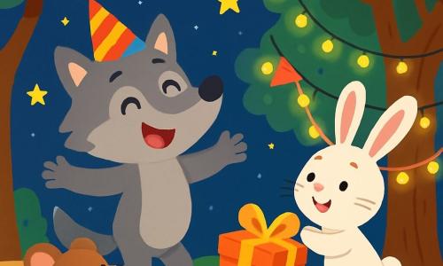 A little wolf named Lenny, with soft gray fur and sparkling joyful eyes, dances enthusiastically under a starry sky. He wears a colorful party hat and a big smile lights up his face. Next to him is Bella, an adorable bunny with big ears and white fur, hanging sparkling garlands on a tree, her face radiating happiness. Max, a small brown mouse, holds a shiny box filled with wishes, his eyes shining with excitement. The scene takes place in an enchanted forest, where majestic trees are adorned with colorful decorations and twinkling lights, creating a festive atmosphere. In the center, the friends celebrate New Year's, surrounded by laughter and songs, ready to release their wishes into the starry night.