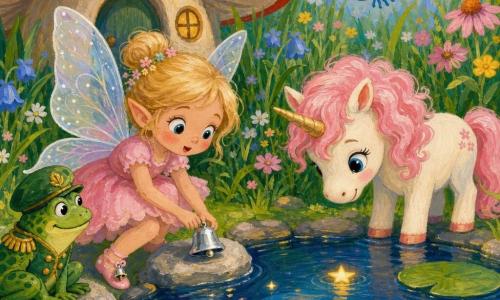 A small girl fairy with a silver bell on her shoe, round face and wide eyes, in a pastel pink dress with pearly translucent wings gently places the bell on a stone at the edge of Star Pond; beside her stands Poppy, a small cream-coated unicorn with a curly pink mane, muzzle near the water, while Captain Croak, a green spotted toad wearing a leaf hat, sits on a rock watching, and a bright blue dragonfly hovers in the background; Star Pond is round with midnight-blue water and gold reflections, broad green waterlilies, tall grasses and wildflowers around, and a large red-and-white spotted mushroom fairy house in the background; tiny ripples and starry lights rise on the surface, creating a soft, magical mood in warm pastel tones with visible acrylic texture.