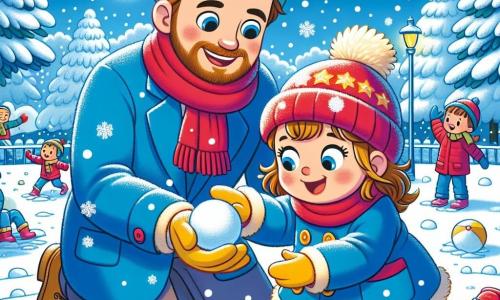 Una niña de 2 años, Luna, con grandes ojos brillantes y una sonrisa alegre, lleva un abrigo azul brillante, un gorro rojo y guantes amarillos. Está agachada en la nieve, tocando copos de nieve con sus pequeñas manos, su rostro expresa asombro. A su lado, su papá, un hombre de unos treinta años con barba castaña y una sonrisa cálida, le ofrece una bola de nieve que acaba de hacer. Él está de pie, un poco atrás, observando a su hija con orgullo. Al fondo, un parque invernal, con árboles cubiertos de nieve, niños jugando y riendo, y un cielo azul claro salpicado de nubes blancas. La escena muestra a Luna divirtiéndose en la nieve, rodeada de risas y alegría, creando recuerdos invernales inolvidables.