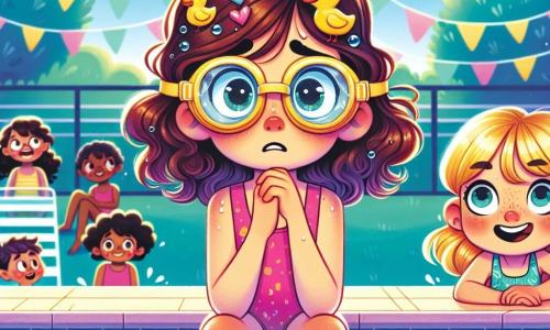 An 8-year-old girl, Mia, with curly brown hair, is wearing yellow swimming goggles decorated with ducks. She has a worried yet determined expression, with sparkling eyes full of excitement. She is sitting at the edge of a large pool, her feet in the water, ready to dive. Next to her is her best friend Harper, an 8-year-old girl with smooth blonde hair, joyfully smiling while holding Mia's hand to encourage her. Harper is wearing a bright pink swimsuit and blue swimming goggles. The setting is an outdoor community pool, surrounded by green palm trees and colorful lounge chairs. The sky is blue and sunny, and the water sparkles in the sunlight. The main scene shows Mia, hesitant but brave, preparing to take her first steps into the water, while joyful splashes and laughter from other children fill the air.