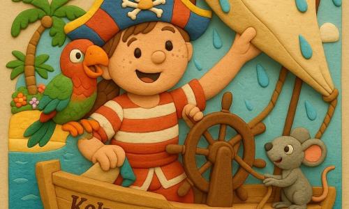 Mia, ein lächelndes, mutiges Piratenmädchen mit rundem Gesicht, Sommersprossen und braidem Zopf, bunter Hut, fröhlichem Blick und rot-weiß gestreifter Kleidung, hält mit einer Hand das Steuerrad und richtet mit der anderen ein großes Segel als Zelt; Pico, ein grüner-rot­er Papagei mit glänzendem Gefieder und orangem Schnabel, sitzt auf ihrer rechten Schulter, gesprächig und mit leicht geöffneten Flügeln; Lilo, eine kleine graue Mäusedame mit glänzenden schwarzen Augen, steht am Deck nahe den Seilen und zieht an einer Leine, um das Zelt zu spannen; das Boot heißt Kokosnuss, helle Holzplanken mit türkis- und gelbfarbenen Akzenten, sichtbare Taue und funkelnde blaue Wellen; im Hintergrund eine goldene Insel mit gebogenen Palmen, bunten Blumen und sandigem Ufer, klarer Himmel mit wenigen weißen Wolken; Hauptszene: die drei bauen bei leichtem, grobem Regen gemeinsam ein Segelzelt auf dem Deck, warme, kooperative Stimmung, Knetmasse‑Texturen, kräftige Farben, weiche Konturen und kindgerechte einfache Formen.