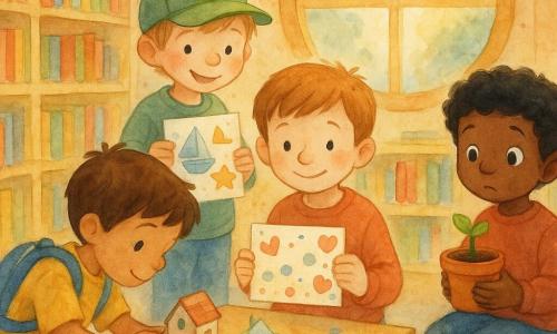 Vier Kinder, alle etwa 6 Jahre: Luca, hellbraune Kurzhaar, sanft lächelnd, hält eine bunte Karte mit Punkten und Herzen und steht vorn in der Mitte; Ben, braune Haare, mit blauem Rucksack und gelber Stern, hockt links von Luca und richtet ein kleines Papierhaus auf einem niedrigen Tisch; Sami, schwarze lockige Haare, schüchterne große Augen, hält einen Blumentopf mit einer jungen grünen Pflanze und beugt sich rechts von Luca zärtlich zur Pflanze; Jonas, blond, grüne Kappe mit Froschmotiv, steht hinter Luca und zeigt stolz ausgeschnittene Papierformen (Boot, Stern). Ort: warme Kinderbibliothek mit hellen Holzwänden, niedrigen Bücherregalen, roten und gelben Kissen, großer runder Fensteröffnung und rundem Wanduhr; Szene: die vier präsentieren auf einem Holztisch ihre Projekte vor der Bibliothekarin, freundliche, ermutigende Gesten und ein Gefühl von Vertrauen, dezente Aquarellspritzer betonen Freude und Wärme.