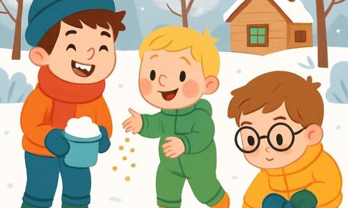 There are 3 children: Max, a 4-year-old boy with messy brown hair, wearing a large red scarf and a blue hat, smiling joyfully while holding a small bucket filled with snow; Leo, a 4-year-old boy with blonde hair and rosy cheeks, dressed in a green snow suit, pouring seeds for the birds with sparkling eyes; and Sam, a 4-year-old boy with brown hair and round glasses, wearing a bright yellow jacket, carefully observing small footprints in the snow with a curious expression. The children are in a snowy garden, where white snow covers the ground like a soft carpet. Flakes are slowly falling from the light gray sky, and bare-branched trees surround them. In the distance, a small wooden house with smoke coming from the chimney adds a warm touch to the scene. The main situation shows the children playing in the snow, filling buckets with snow and feeding the birds, laughing and having fun in a magical winter landscape, with animal tracks in the snow and sparkling flakes in the air.