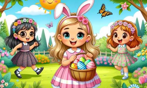 Daisy, a 7-year-old girl with blonde hair and sparkling eyes, is wearing a pretty pink dress and bunny ears. She stands in the center, smiling, holding a large basket filled with colorful eggs. To her right, Lily, a 6-year-old girl with brown hair and glasses, joyfully dances while holding a red egg. On the left, Rose, a 7-year-old girl with red hair and freckles, jumps excitedly with a purple egg in her basket. Finally, Violet, a 6-year-old girl with black hair and a small flower crown, bends down to pick up a yellow egg hidden behind a bush. The scene takes place in a sunny garden filled with colorful flowers, large green trees, and a well-kept lawn. Birds sing in the branches, and butterflies flutter around the children, adding a magical touch to the scene. The main situation shows the four friends in an Easter egg hunt, laughing and having fun, with colorful eggs hidden throughout the garden, creating a joyful and festive atmosphere.