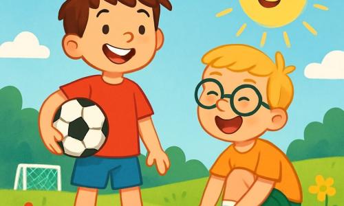 Un giovane ragazzo, Tommaso, di circa 10 anni, con capelli castani arruffati e un grande sorriso gioioso, indossa una maglietta rossa e pantaloni corti blu. Tieni un pallone da calcio sotto il braccio, pronto a giocare. Accanto a lui, il suo amico Luca, un ragazzo di 9 anni con occhiali e capelli biondi, ride mentre sistema le sue scarpe da ginnastica. Si trovano su un campo da calcio verde, circondato da fiori colorati e un cielo blu splendente. La scena principale mostra Tommaso e Luca pronti a iniziare una partita, pieni di eccitazione ed energia, con i raggi di sole che illuminano i loro volti.