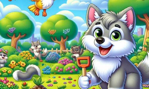 A little wolf named Wally, with soft gray fur and bright, curious eyes, stands joyfully in the center of the image, holding a small wooden shovel and smiling broadly. Next to him, a little bird named Bella, with bright yellow feathers and a playful demeanor, flies slightly above Wally, singing enthusiastically. The setting is a lush park filled with colorful blooming flowers, majestic trees with vibrant green leaves, and a clear blue sky dotted with fluffy white clouds. On the ground, small piles of freshly turned soil indicate that they have just planted seeds. The main scene shows Wally and Bella cleaning the park, picking up litter and planting flowers, surrounded by their animal friends who cheer them on with joyful expressions, creating an atmosphere of camaraderie and commitment to nature conservation.