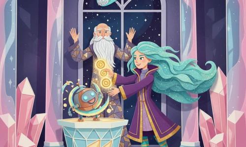 Zora, a young woman with a determined smile and turquoise mane, in a violet coat with gold trim and mismatched socks, holds three small glowing "Harmonizing Sparks" over a crystalline altar as they entwine into a luminous aura blending magic and machine; beside her buzzes Gizmo, a compact steel-and-copper robot with pale blue LED eyes and friendly sparks, while Elder Nym, an elderly man with a floating silver beard in a long, metal-textured robe, stands back with raised hands observing proudly and solemnly in a tall crystal-tower hall of faceted walls reflecting pink and blue neon, translucent columns and a shiny metal floor with gold star motifs, the Crystal Comet streaking silver and turquoise across the arched window as warm light from the Sparks clashes with cool reflections, creating an urgent yet hopeful atmosphere.