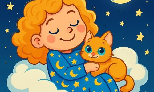An 8-year-old girl, Lila, with curly golden hair, lies on a fluffy cloud, her face radiating serenity and joy. She wears a star and moon patterned pajamas, her eyes sparkling with wonder. Beside her, a small kitten with soft, silky fur and bright green eyes snuggles against her, purring gently. The sky is dotted with twinkling stars, and a soft moonlight illuminates the scene, creating a peaceful and dreamy atmosphere. Below, a calm ocean reflects the stars, with gentle waves dancing under the silver light. Lila and her kitten float together on this cloud, sharing a moment of calm and happiness as they listen to the soft whisper of the waves and the song of the stars, immersed in a magical and soothing adventure.