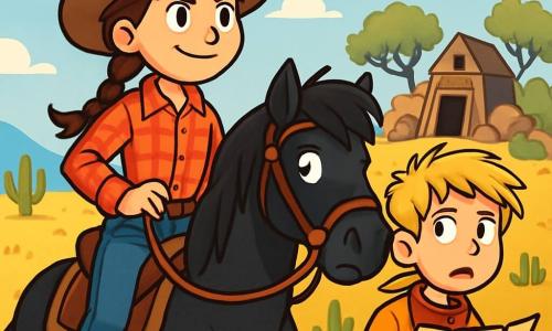 Ein junges Cowgirl, Emily, mit geflochtenen braunen Haaren und einem entschlossenen Lächeln, sitzt stolz auf ihrem schwarzen Pferd namens Blitz. Sie trägt einen Cowboyhut, ein rotes kariertes Hemd und eine Jeans, und ihr Blick ist voller Mut und Aufregung. Neben ihr schaut Ben, ein 12-jähriger Junge mit zerzausten blonden Haaren und einem roten Bandana um den Hals, besorgt in die Ferne, während er eine Karte der Mine hält. Die Kulisse ist eine goldene Wiese unter einem strahlend blauen Himmel, mit fernen Hügeln und verstreuten Kakteen. Im Hintergrund zeichnet sich die Silhouette einer alten verlassenen Mine ab, umgeben von Felsen und verdrehten Bäumen. Die Hauptsituation zeigt Emily und Ben, die sich auf das Abenteuer vorbereiten, entschlossen, den Banditen entgegenzutreten, die ihre Stadt bedrohen, mit einer spürbaren Atmosphäre von Spannung und Aufregung in der Luft.