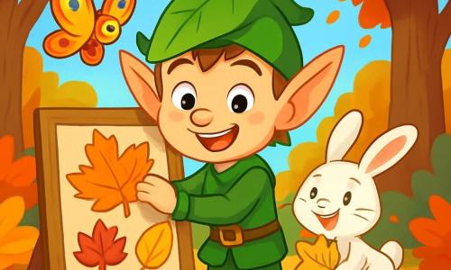 Um pequeno duende chamado Tito, com grandes orelhas pontudas e um sorriso radiante, está no centro do palco, cercado por folhas de outono coloridas: vermelho, laranja e amarelo. Ele usa um chapéu verde em forma de folha e uma túnica de veludo, colando folhas em um grande painel de madeira, mostrando uma expressão de alegria e empolgação. À sua direita, um coelhinho travesso chamado Pipoca, com pelagem branca e olhos brilhantes, salta alegremente, segurando uma folha dourada nas patas dianteiras. À esquerda, uma delicada borboleta chamada Brisa, com asas multicoloridas cintilantes, voa graciosamente acima do painel, admirando o trabalho de seus amigos. A cena acontece em uma floresta encantada, com árvores majestosas ao redor e um chão coberto de folhas secas, criando uma atmosfera acolhedora e outonal. Tito e seus amigos estão criando um magnífico mural com folhas de outono, celebrando a beleza da estação com entusiasmo e criatividade.