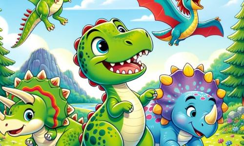 Un tânăr Tyrannosaurus Rex numit Tino, cu o piele verde strălucitoare și ochi rotunzi și strălucitori, exprimă o mare bucurie alergând printr-o pajiște verde, cu brațele mici fluturând vesel pe lângă el. Lângă el, un Triceratops prietenos numit Tricky, cu trei coarne și o piele de culoare albastru deschis, stă aproape, zâmbind și pregătit să se joace. Un Stegosaurus numit Stella, cu plăci colorate pe spate și o expresie jucăușă, li se alătură, în timp ce un Pterodactyl numit Patty, cu aripile desfăcute și un penaj roșu aprins, zboară vesel deasupra lor. Decorul este o vastă pajiște presărată cu flori colorate și copaci mari, sub un cer albastru deschis cu câteva nori pufoși. Cei patru prieteni se joacă împreună, alergând și râzând, creând o atmosferă de fericire și aventură în această lume preistorică.