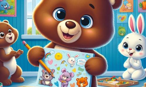 Um pequeno urso marrom chamado Bruno, com pelagem macia e olhos redondos e curiosos, está no centro da cena, exibindo um sorriso alegre enquanto segura um grande cartão colorido cheio de desenhos. Ele está cercado por seus amigos, a coelhinha Lili, com suas grandes orelhas e pelagem branca, que ri segurando um lápis, e o pequeno esquilo Tiago, com sua pelagem ruiva e cauda espessa, que aplaude com entusiasmo. O cenário se passa em uma sala de jogos iluminada de um hospital para animais, com paredes pintadas de azul céu, brinquedos espalhados pelo chão e janelas que deixam entrar a luz do sol. Ao fundo, podem ser vistas cartazes coloridos de frutas e vegetais, acrescentando um toque alegre ao ambiente. A situação principal mostra Bruno e seus amigos preparando cartões de agradecimento para seus médicos, cheios de desenhos e palavras doces, celebrando sua amizade e a gratidão que sentem pelos cuidados recebidos.