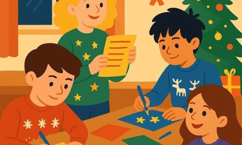 Sunt 4 copii: 

- Andrei: băiat de 10 ani, cu păr brun și scurt, purtând un pulover roșu cu fulgi de zăpadă, stă la o masă de lemn, concentrat să scrie un nume pe o foaie colorată.
- Mara: fată de 10 ani, cu păr blond și creț, purtând un pulover verde cu stele aurii, stă lângă Andrei, ținând o listă de nume și zâmbind.
- Vlad: băiat de 10 ani, cu păr negru și ciufulit, purtând un pulover albastru cu reni, desenează stele pe foi cu un stilou cu sclipici.
- Ilinca: fată de 10 ani, cu păr șaten și lung, purtând un pulover violet cu brazi de Crăciun, se află de cealaltă parte a mesei, privind ceilalți cu bucurie.

Locul este un living călduros, decorat de Crăciun. O masă mare de lemn este acoperită cu hârtii colorate, stilouri și foarfece. Ghirlande luminoase strălucesc în jurul ferestrelor, iar un brad de Crăciun decorat stă într-un colț, cu cadouri colorate la bază. Lumina blândă creează o atmosferă festivă și primitoare.

Situația principală arată copiii pregătind mici cartonașe cu numele colegilor lor. Sunt concentrați și veseli, înconjurați de decorațiuni de Crăciun și lumini sclipitoare. Atmosfera este plină de camaraderie și creativitate, cu culori vii și expresii entuziaste pe fețele lor.