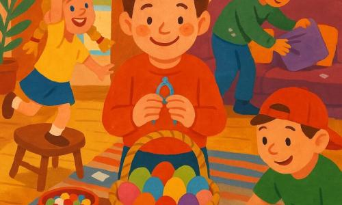 Ein gemütliches Wohnzimmer mit hellem Holzboden: vier lachende Kinder bei einer Indoor-Ostereiersuche — ein rundes gesichteter 10-jähriger Junge mit Sommersprossen und zerzausten braunen Haaren hält einen kleinen glänzenden Metallzirkel und lächelt auf einen Korb voller farbig bemalter Eier; Lina, 6, blonde Zöpfe, springt auf einen Hocker links und greift nach einem Schokoladenei; Ben, ca. 9, rote Kappe rückwärts, schokoladenverschmierte Lippe, hockt rechts und öffnet eine gelbe Schachtel mit einem kleinen Hasenkuchen; Tom, ca. 10, kurze schwarze Haare und Mehlspuren am Pullover, durchsucht ein violettes Sofa-Kissen nach einem Hinweis. Deko: gestreifter Teppich, bunte Kissen, violette Lampions, Schalen mit Süßigkeiten und kleine rote, blaue, gelbe und grüne Wimpel, sichtbare Papierhinweise im Korb; fröhliche, cosy Stimmung, dicke Gouache-Texturen und sichtbare Pinselstriche.