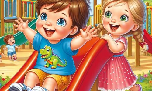 A 2-year-old boy with messy brown hair and sparkling eyes is sliding down a bright red slide, a big smile on his face. He wears a blue t-shirt with a dinosaur print and yellow shorts. Next to him, a 3-year-old girl with braided blonde hair and green eyes encourages him by raising her arms, ready to slide too. She wears a pink dress with white polka dots and sandals. The setting is a colorful playground filled with wooden structures and plastic games, surrounded by lush trees and colorful flowers. The sky is blue and sunny, creating a cheerful and lively atmosphere. The main scene shows the boy and girl laughing together, sharing a moment of friendship and happiness as they enjoy the slide, surrounded by other children playing in the park.
