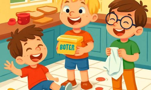 Er zijn 3 personages: - Finn: een 5-jarig jongetje met rommelig blond haar en grote sprankelende ogen. Hij staat in het midden met een pot boter in zijn handen en een grote glimlach op zijn gezicht. - Max: een 7-jarig jongetje met bruin haar en sproeten op zijn neus. Hij staat links van Finn en glijdt op een plak kaas over de vloer, terwijl hij luid lacht. - Sam: een 6-jarig jongetje met kastanjebruin haar en ronde bril. Hij staat rechts van Finn en houdt een doek vast, klaar om de vloer af te vegen, terwijl hij om de situatie lacht. De situatie speelt zich af in een zonnige keuken met heldergele muren en een witte tegelvloer. Op de tafel liggen plakken brood, potten jam en boter verspreid, terwijl er stukken kaas en jam op de vloer liggen, wat een kleurrijke rommel creëert. De hoofdscène toont de drie broers die plezier hebben in een rommelige keuken, lachend en glijdend over de gladde vloer, met spetters jam en kaas om hen heen, wat een moment van vreugde en saamhorigheid tussen broers illustreert.
