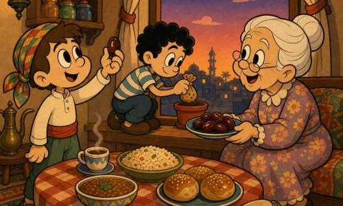 Ci sono tre personaggi: la nonna (donna ~70 anni) coi capelli bianchi raccolti in chignon, rughe dolci, vestito floreale, seduta vicino alla finestra a destra con un sorriso caldo mentre porge un piccolo piatto di datteri ai bambini; Sami (bimbo 8 anni) capelli castani corti, sciarpa colorata sulla testa come copricapo, camicia chiara, in piedi a sinistra del tavolo con un dattero in mano che guarda la prima stella; Yusuf (bimbo 8 anni) capelli neri ricci, maglietta a righe, accovacciato davanti al tavolo centro-sinistra che posa delicatamente un sacchetto di semi in un vasetto sul davanzale. Interno di un salotto caldo visto in prospettiva a tre quarti: tavolino basso di legno al centro con tovaglietta a quadretti, piatti di riso, lenticchie, pane dolce e un piatto di datteri lucidi, tappeto a motivi geometrici, barattoli di spezie su una mensola, grande finestra sullo sfondo con cielo al tramonto arancio-rosa e la prima stella, luce morbida e contrasti caldi. Situazione: aspettano insieme il tramonto condividendo un dattero, atmosfera calma e affettuosa, sguardi complici; composizione centrata su tavolo e finestra, espressioni gioiose e colori caldi con tocchi di blu crepuscolare. Stile grafico: silhouette morbide e pose esagerate in stile 