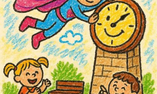 Una superheroína llamada Lila, radiante y alegre, con capa rosa brillante y coleta violeta, vuela inclinada y empuja suavemente un gran reloj para enderezarlo. Una niña de 5 años, rubia con coletas, sonríe, aplaude y corre desde la izquierda. Un niño de 6 años, moreno de pelo corto, ríe y señala la torre desde la derecha, junto a una jardinera. Un gran reloj de torre algo torcido, con cara sonriente en la esfera, está en lo alto de una torre de piedra beige. La plaza empedrada tiene bancos de madera, flores rojas y amarillas y pajaritos azules. Escena luminosa de colores vivos, trazos simples y contornos gruesos, ambiente suave y seguro; Lila coloca la esfera mientras los niños la animan.