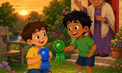 Un niño de 6 años (Lucas), alegre y orgulloso, pelo castaño corto, ojos avellana, camiseta amarilla y pantalón corto azul, arrodillado sobre la hierba sosteniendo una cinta azul brillante; otro niño de unos 6 años (Miguel), sonriente y entusiasta, pelo negro despeinado, camiseta verde, de pie junto a Lucas extendiendo hacia él una cinta verde esmeralda; una mujer mayor (la abuela), cabello canoso recogido en un moño, rostro dulce con gafas redondas, de pie en el umbral de su pequeña casa de piedra sonriendo y levantando la mano como bendiciendo el hallazgo; jardín con césped verde y flores, un banco de madera a la izquierda, un pequeño puente al fondo y una casa de piedra beige con puerta roja, cielo al atardecer en tonos naranja y rosa; situación principal: los dos pequeños aventureros muestran con orgullo tres cintas de colores (azul, verde, rojo) sobre la hierba frente a la abuela, luz suave vespertina, ambiente cálido y mágico.