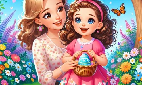 Una bambina di 4 anni, di nome Sofia, con capelli ricci castani e grandi occhi pieni di gioia, sta cercando uova di Pasqua in un giardino colorato. Indossa un bel vestito rosa con fiori e tiene un piccolo cestino di vimini in mano, con il viso illuminato da un grande sorriso. Accanto a lei c'è sua mamma, una donna di circa trent'anni con capelli lunghi e biondi raccolti in un chignon, che la incoraggia con uno sguardo benevolo. Indossa una blusa leggera e jeans, e tiene un addobbo pasquale nell'altra mano. Il giardino è pieno di fiori vivaci, farfalle svolazzanti e alberi con rami carichi di decorazioni colorate. Uova di Pasqua dipinte di tutti i colori sono nascoste tra l'erba verde e i fiori. Sofia, entusiasta, si inginocchia per raccogliere un uovo blu brillante che ha appena scoperto, mentre sua mamma la osserva con orgoglio, creando una scena gioiosa e festosa della caccia alle uova di Pasqua.