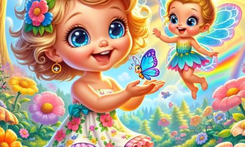 A 4-year-old girl with big bright eyes and curly golden hair smiles in wonder while holding a pretty blue butterfly in her hand. She wears a colorful floral dress and sandals. Next to her, a little pixie named Sparkle, with shimmering wings and a dress made of flower petals, joyfully flies around the girl, her eyes sparkling with magic. The setting is an enchanted forest filled with majestic trees, vibrant flowers, and golden light filtering through the leaves. In the background, a bright rainbow rises in the blue sky, adding a touch of magic to the scene. The main focus shows Lily and Sparkle celebrating the discovery of all the colors of the world, surrounded by floating colorful petals, as they laugh and dance together under the radiant sun.