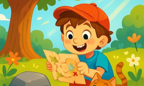 A 6-year-old boy named Max, with messy brown hair and a big amazed smile, is wearing a red hat and shiny yellow shoes. He is crouched near a large oak tree, holding an old paper treasure map, his eyes sparkling with excitement. Next to him, Daisy, a small tabby cat with green eyes, rubs against his leg, curious and joyful. The scene is set in a sunny garden filled with colorful flowers, with a majestic oak tree whose leaves dance gently in the wind. Sun rays filter through the branches, illuminating the green ground. The main situation shows Max discovering a mysterious treasure chest-shaped rock, with a treasure map revealing an adventure path. Max is ready to explore, his face glowing with joy and anticipation.